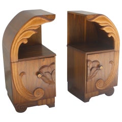 Pair of Deco Period Teak Side Tables with Lotus Design