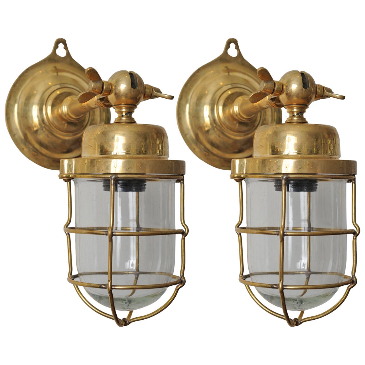 Pair of Nautical Antique Ship Passageway Lights in Brass, Mid-Century