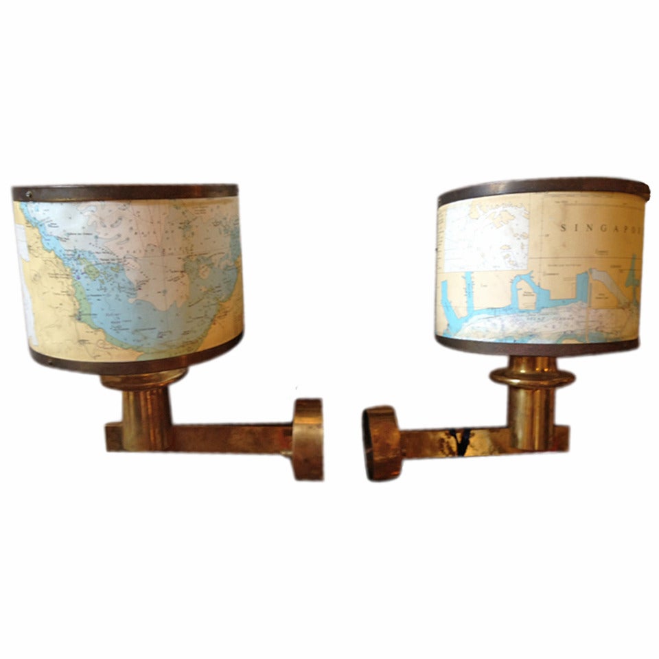 Pair of Mid-Century Ship's Brass Sconces with Vintage Chart Shades