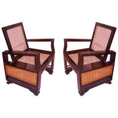 Pair of Deco Period Rosewood and Satinwood Caned Chairs, Colonial British