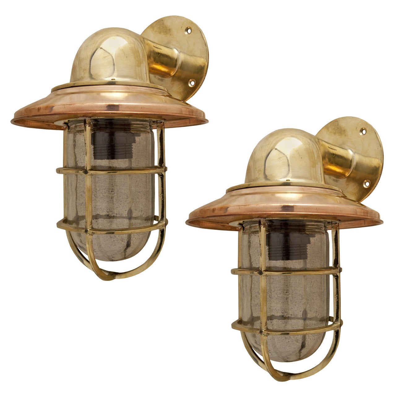 Pair of Ship's Brass and Copper Passageway Lights, Mid-Century