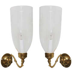 Antique Pair of Late 19th C. Hand Blown Etched Hurricane Shades on Brass Sconce Arms