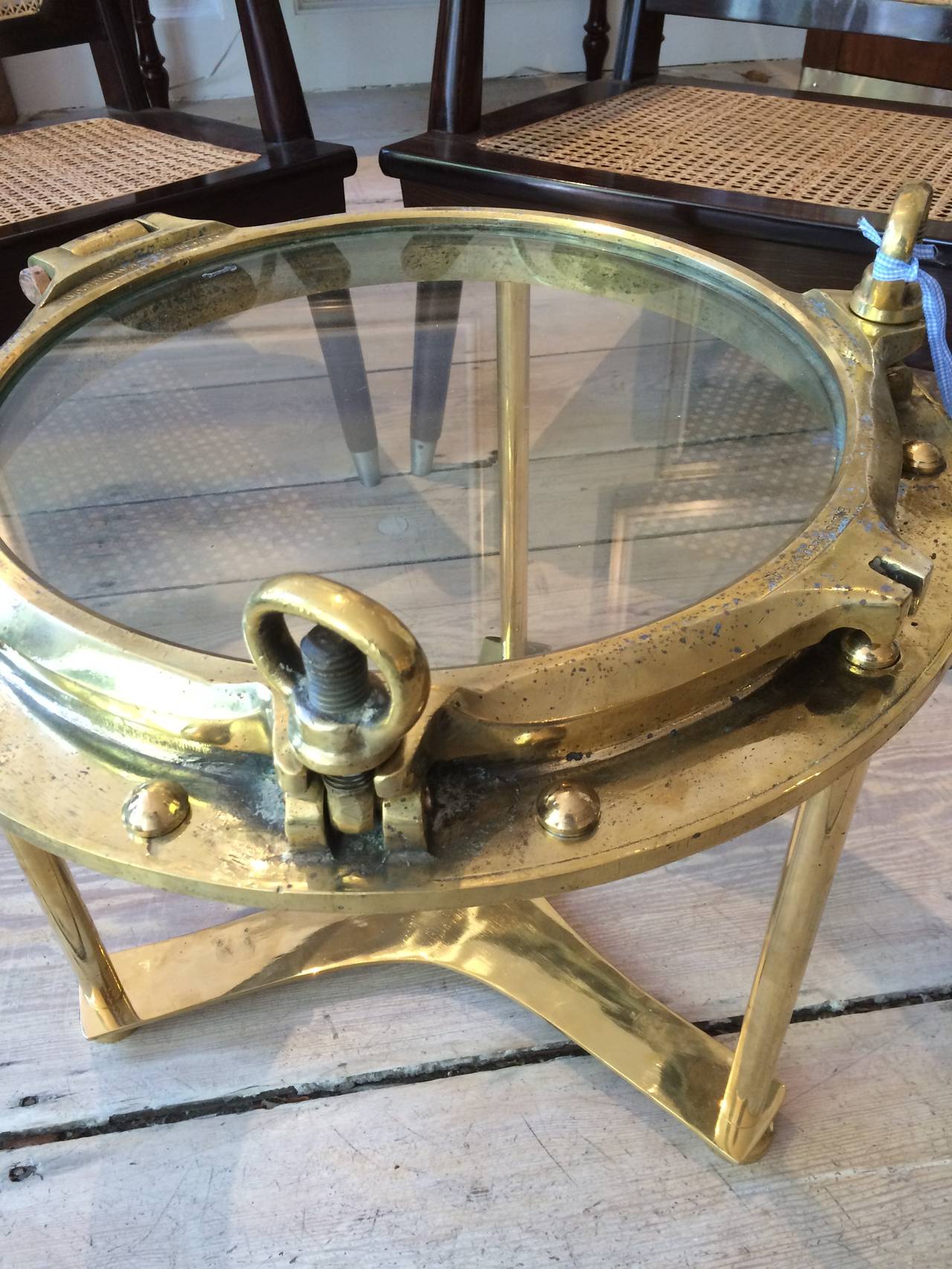 Industrial Pair of Original Brass Ship's Portholes Converted to Tables