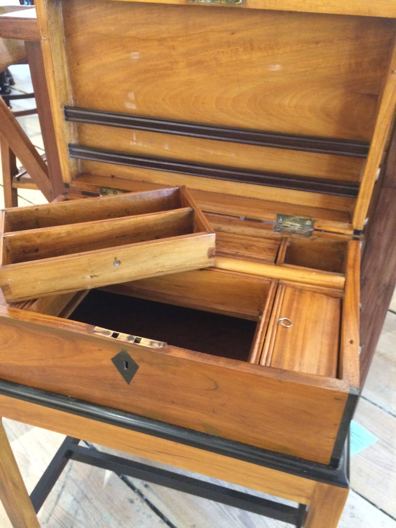 Late 19th Century Satinwood and Ebony British Campaign Officer's Chest on Stand In Excellent Condition In Nantucket, MA