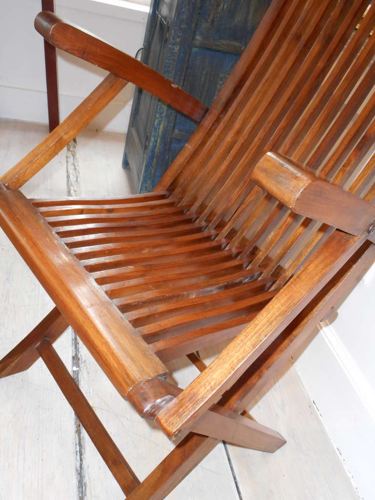 Four Teak Folding Deck Chairs from Mid-Century Cruise Ship In Excellent Condition In Nantucket, MA