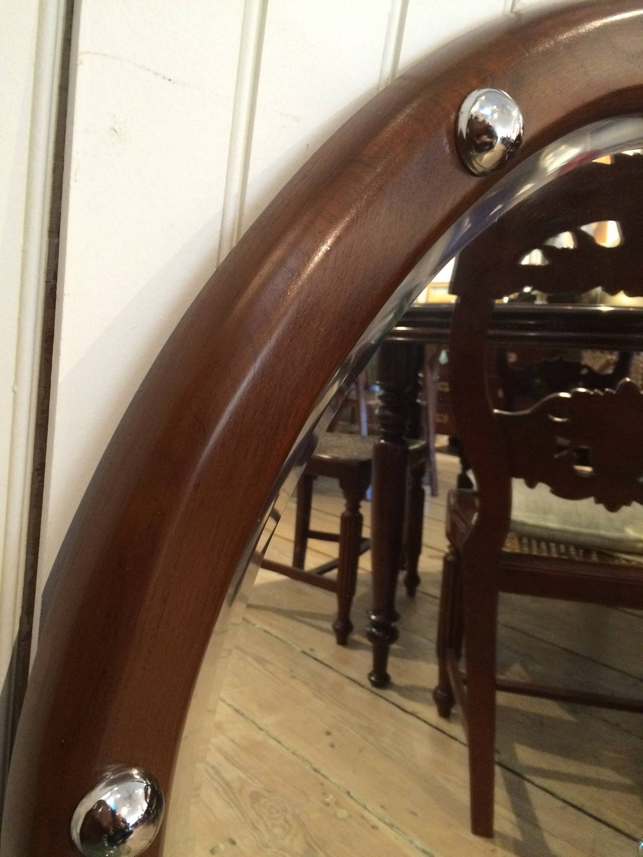 European Teak and Chrome Ship's Stateroom Mirror, Mid-Century