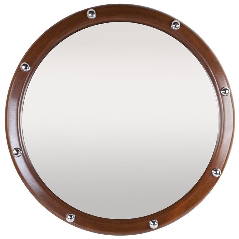 Teak and Chrome Ship's Stateroom Mirror, Mid-Century
