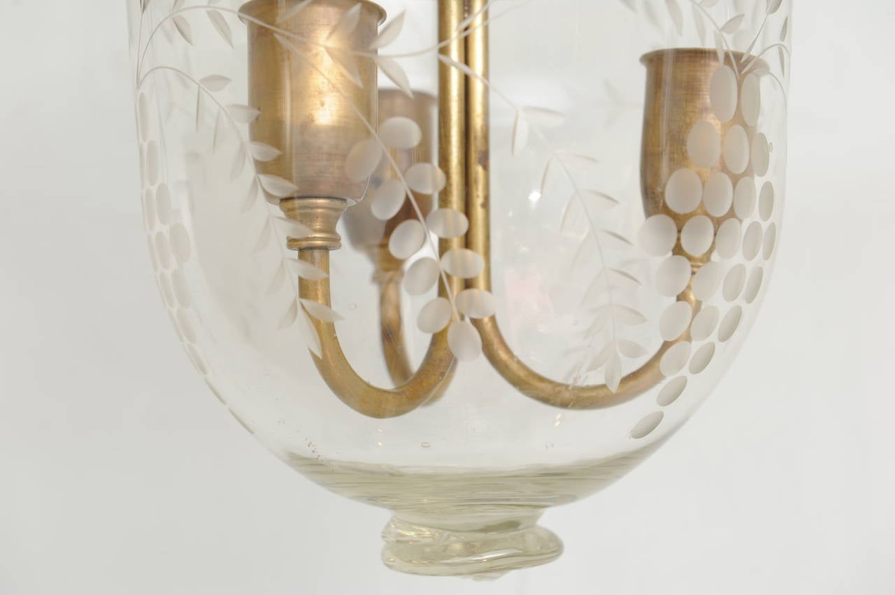 Pair of Early 20th Century English Bell Jar Hall Lanterns with Smoke Cap In Excellent Condition In Nantucket, MA