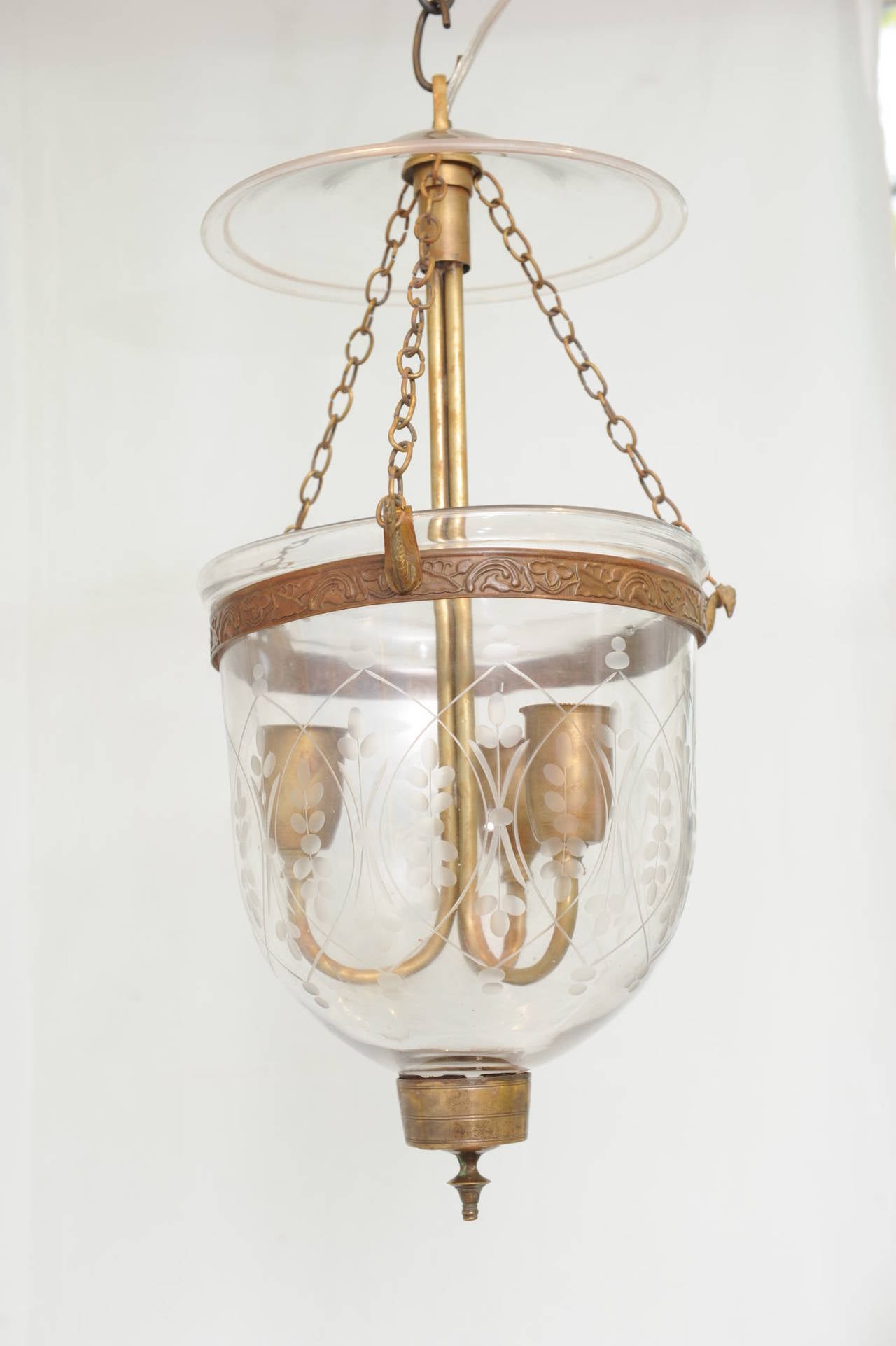 Pair of elegant, handblown bell jar hall lanterns with sheaves of wheat etching. Late 19th century, English with original brass hardware. Wired for American use without altering its integrity. Takes three candelabra bulbs.