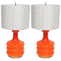 Pair of Rare Coral Art Glass Table Lamps, circa 1930-40s