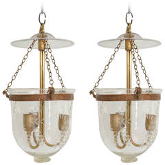 Antique Pair of Early 20th Century English Bell Jar Hall Lanterns with Smoke Cap