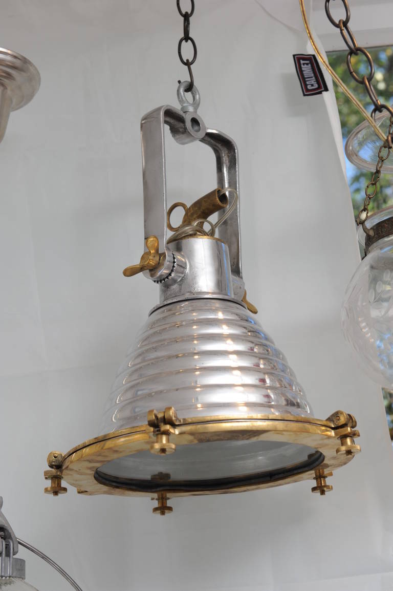 Industrial Pair of Ship's Aluminum and Brass Deck Lights, Mid-Century