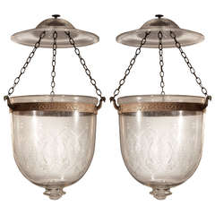 Pair of Rare Late 19th Century Bell Jar Glass Hall Lanterns, English