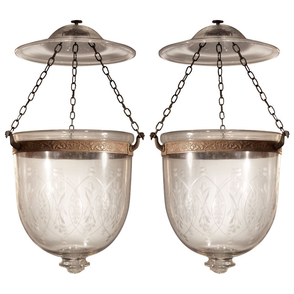 Pair of Rare Late 19th Century Bell Jar Glass Hall Lanterns, English