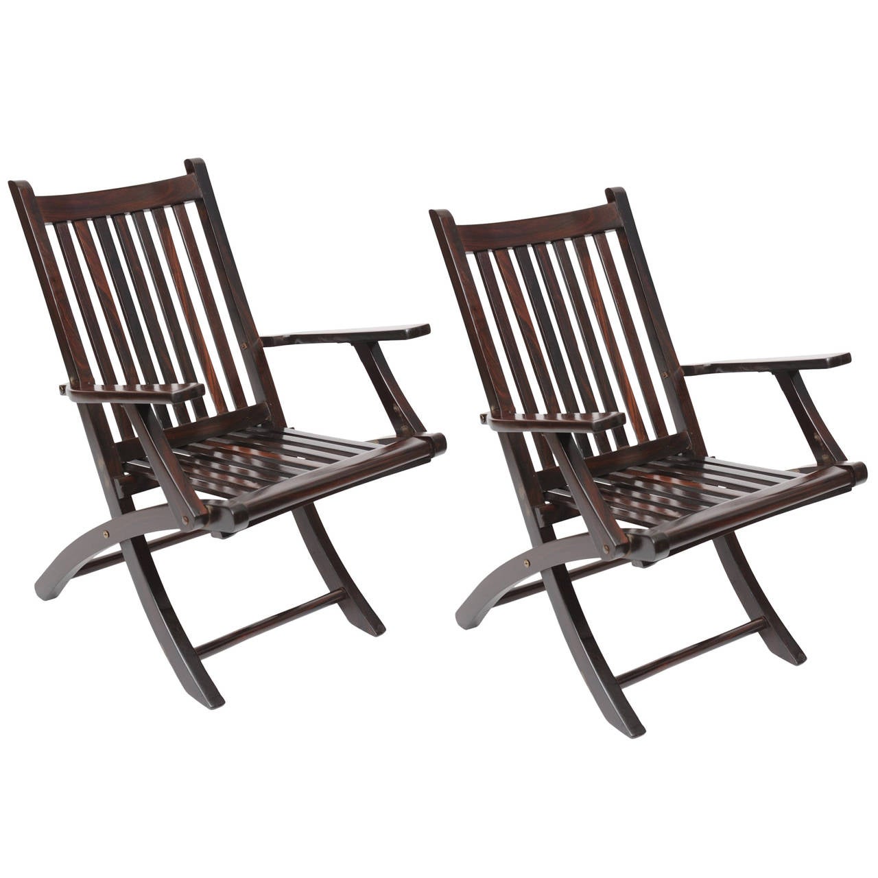 Pair of Folding Rosewood Deck Chairs from 1920s British Steamer Ship at