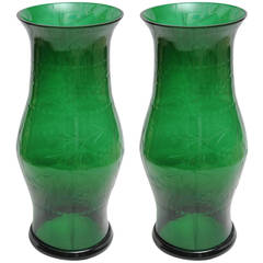 Pair of Mid-Century Handblown Hurricane Shades or Shields with Etching