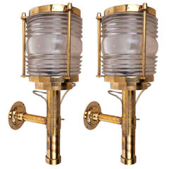 Retro Pair of Ship's Brass Passageway Lights with Fresnel Lens, Mid-Century