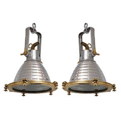 Pair of Ship's Aluminum and Brass Deck Lights, Mid-Century