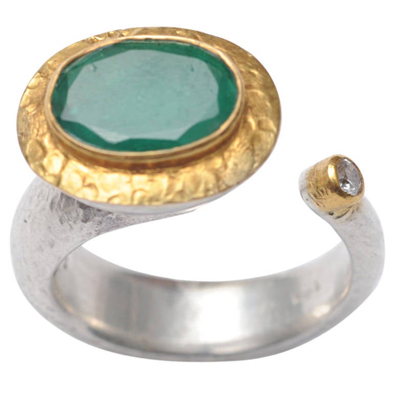 Emerald, Diamond and Hammered 22 Karat Gold and Sterling Ring For Sale
