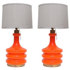 Pair of Coral, Handblown Art Glass Table Lamps