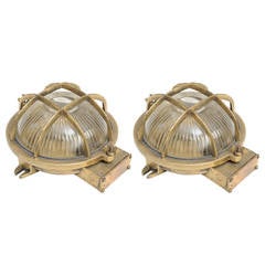 Retro Pair of Brass Ship's Passageway Lights with Fresnel Lens, Mid-20th Century