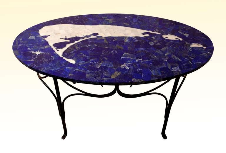 Pietra Dura Inlay Table of Nantucket Island on Wrought Iron Base