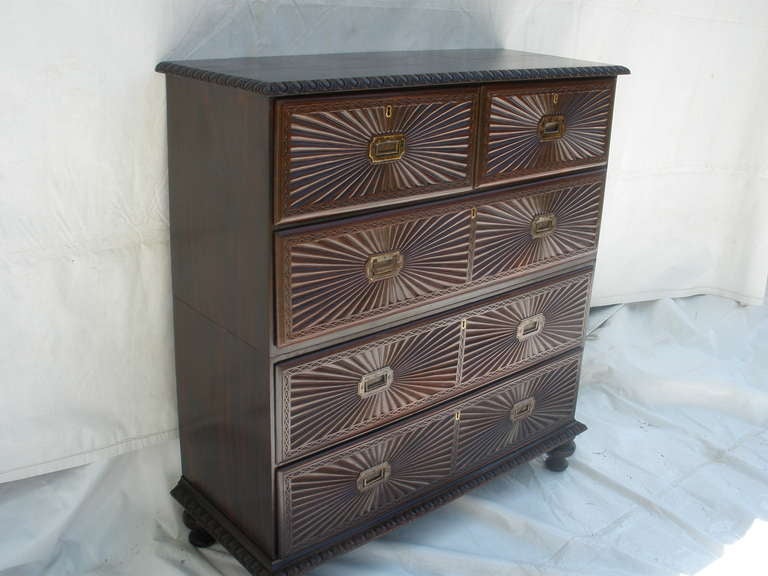 British Indian Ocean Territory Late 19th Century British Campaign Rosewood Chest of Drawers with Anglo Indian Twist