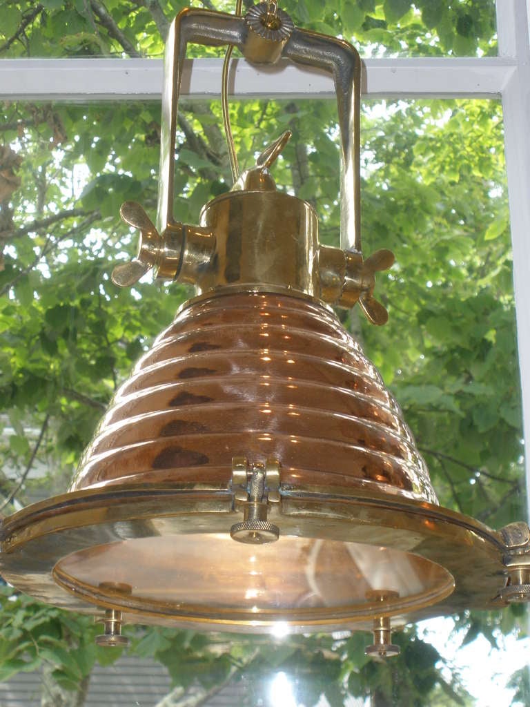Industrial Pair Of Mid Century Nautical Ship's Deck Lights Made Of Copper And Brass