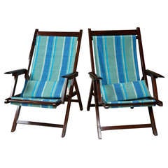 Pair of Colonial British Campaign Folding Rosewood and Canvas Deck Chairs
