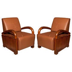 Pair of Deco Period Teak and Leather Club Chairs