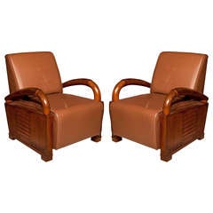 Pair of Deco Period Teak and Leather Club Chairs