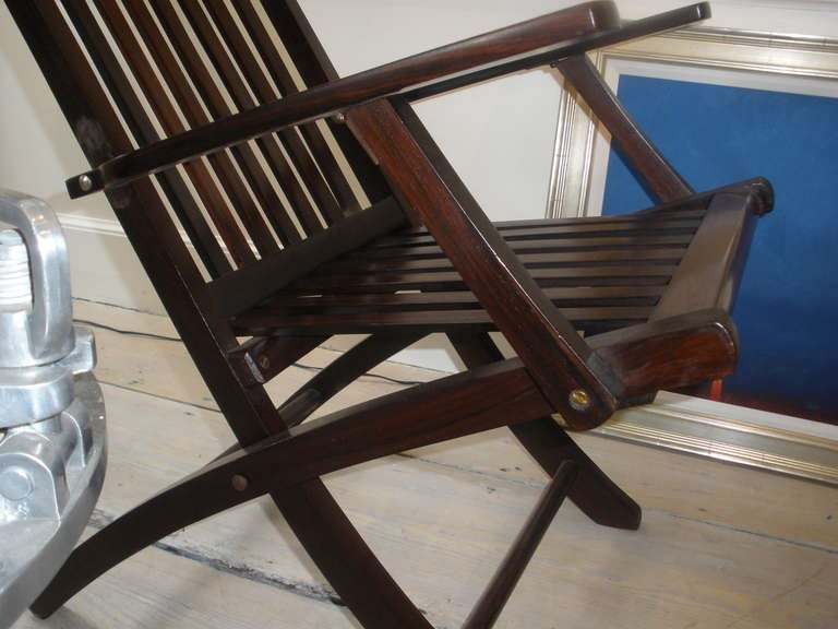 Pair of 1920's Rosewood Folding British Steamer Chairs In Excellent Condition In Nantucket, MA