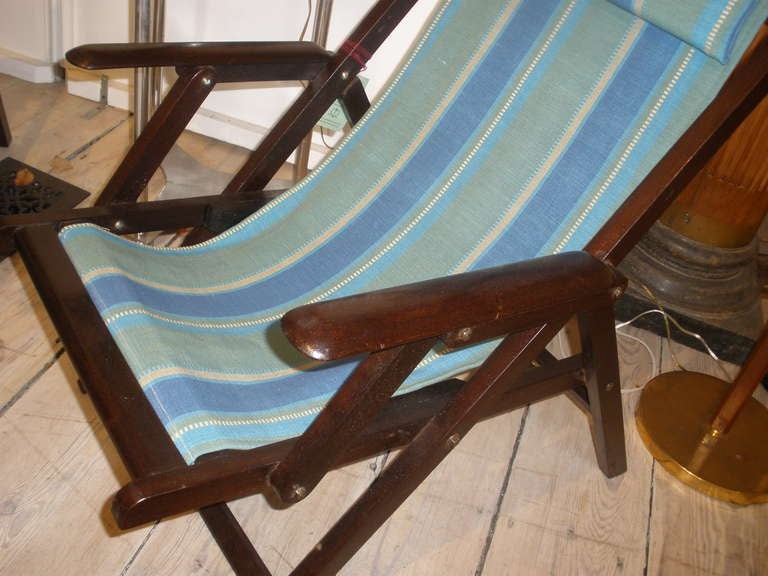 Pair of Colonial British Campaign Folding Rosewood and Canvas Deck Chairs In Excellent Condition In Nantucket, MA