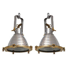 Vintage Pair of Chrome and Brass Ship Deck Lights, Mid-Century