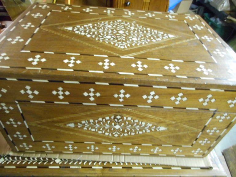 Teak Chest on Stand with Intricate Bone Inlay, circa 1970s In Excellent Condition In Nantucket, MA