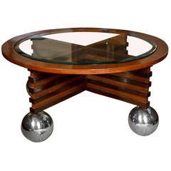 Art Deco Rosewood and Teak Coffee Table with Chrome Ball Feet