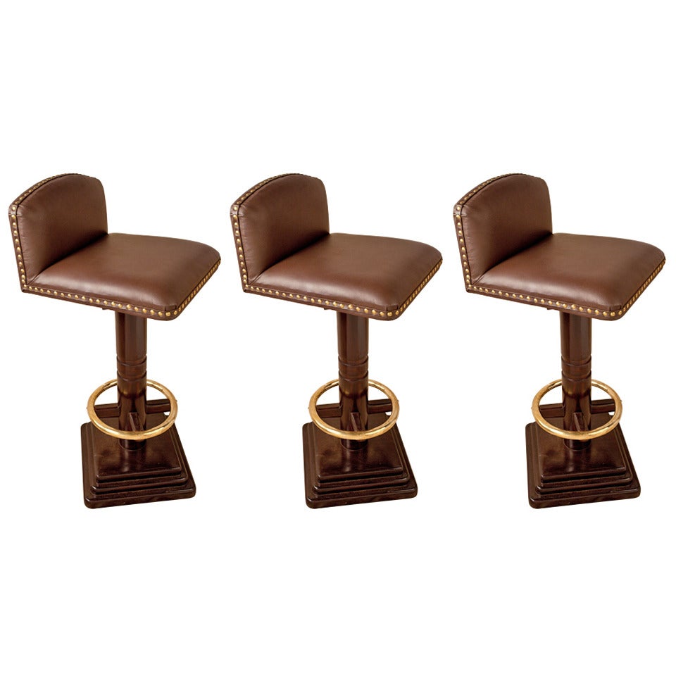 Set of 3 nautical antique rosewood and leather bar stools