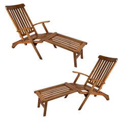 Pair of Nautical Ship's Teak Deck Chairs with Footrest