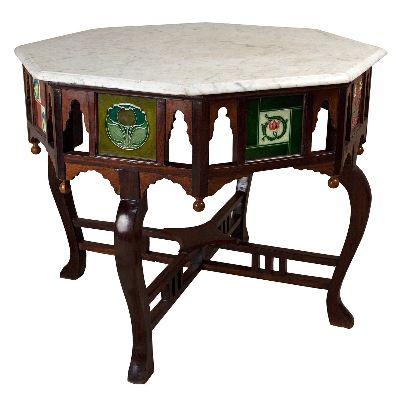Arts and Crafts Rosewood and Teak Center Table with English Tiles and Marble Top