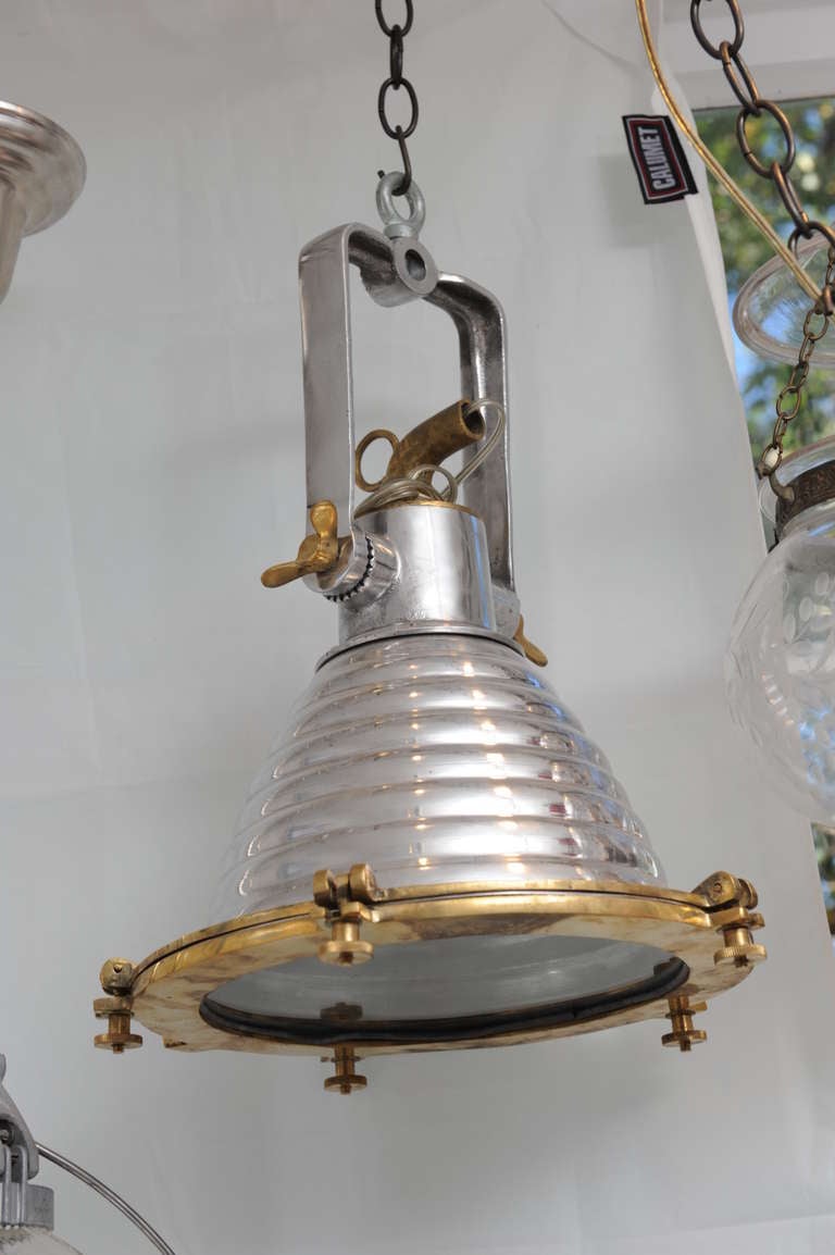 Pair of Antique Nautical Chrome and Brass Ship's Deck LIghts
