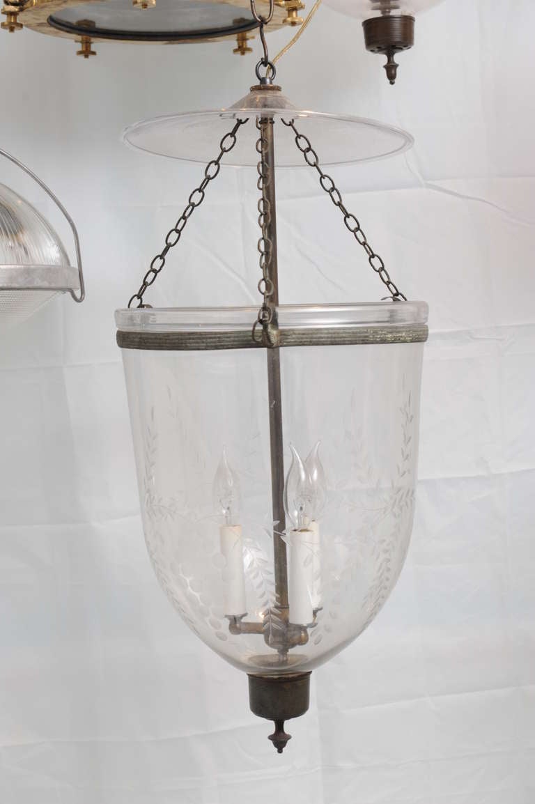 Rare size, late 19th C. hand-blown English bell jar hall lantern with smoke cap, grapevine etching, brass candleholder.  Originally used for candles, it has been electrified for modern use with three candelabra size bulbs.