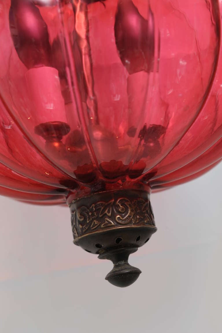 British Late 19th Century Cranberry Melon-Shaped English Hall Lantern