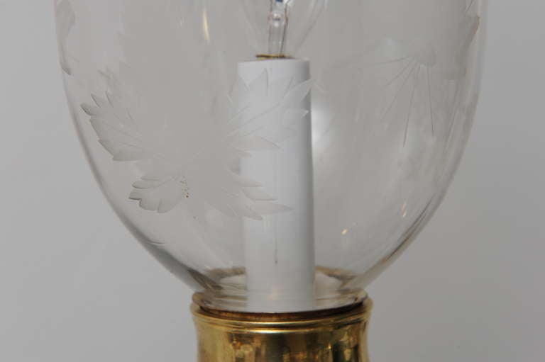 American Pair of late 19th C. Hand Blown Hurricane Shades on Brass Sconce Arms