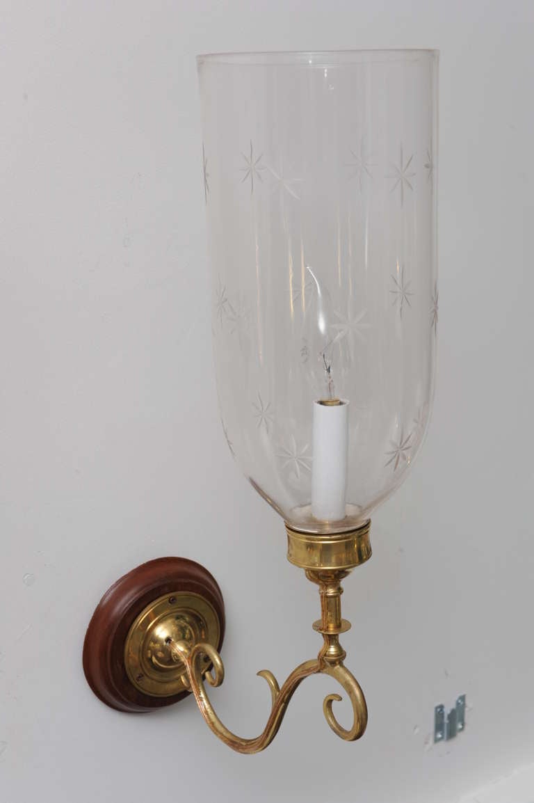 Pair of Late 19th C. Hand Blown Etched Hurricane Shades on Brass Sconce Arms