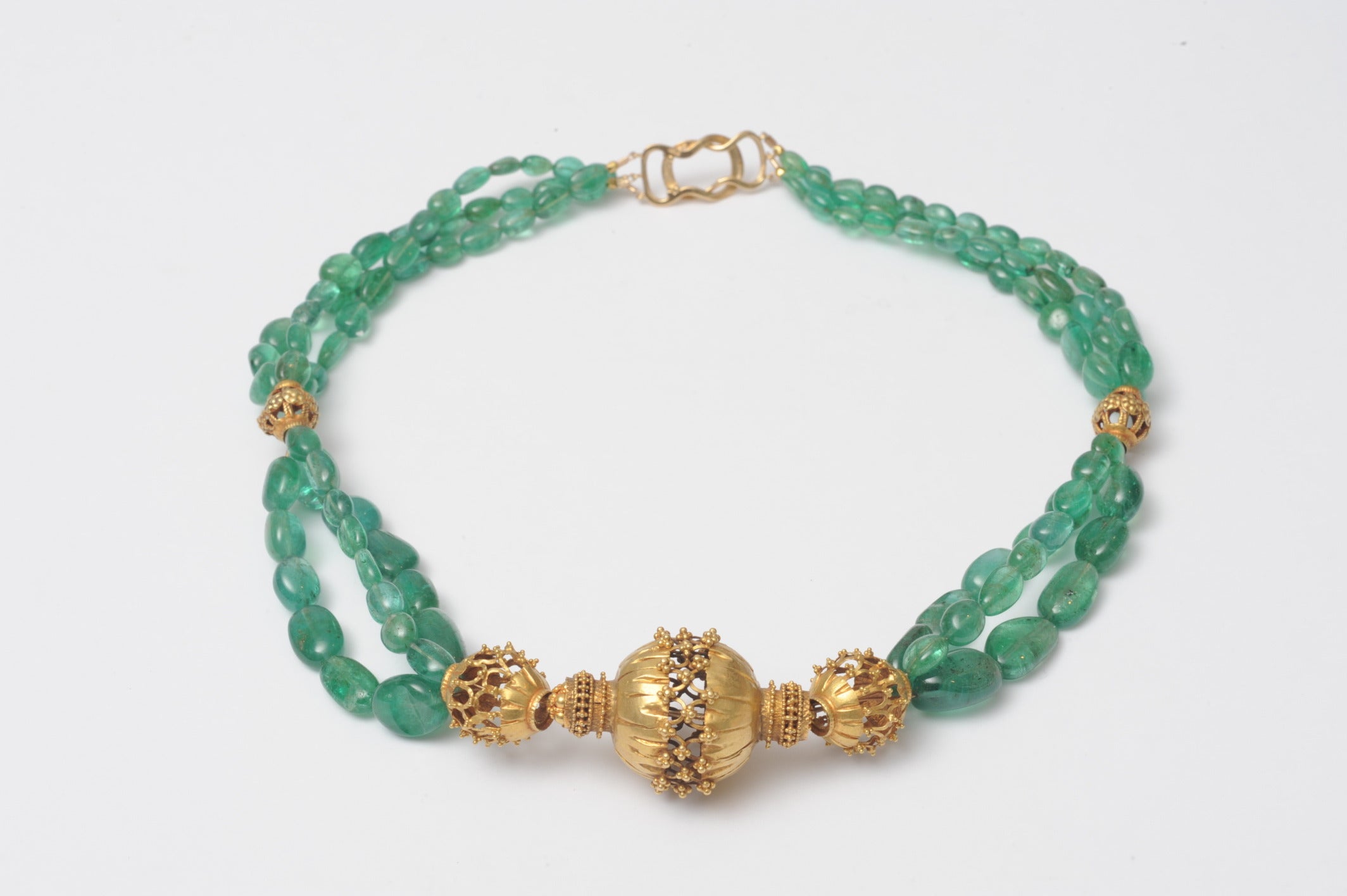 Gold Necklace with Indian Beads and Tumbled Emeralds