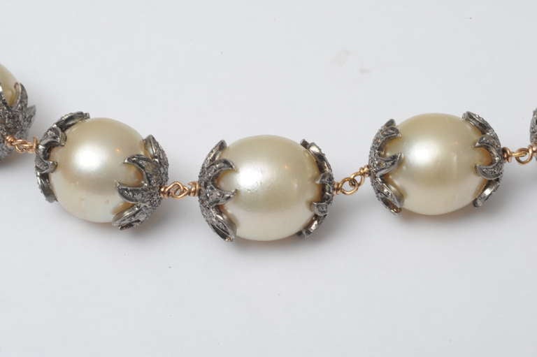 South Sea Pearls with Pave Set Diamond Bead Caps In Excellent Condition In Nantucket, MA