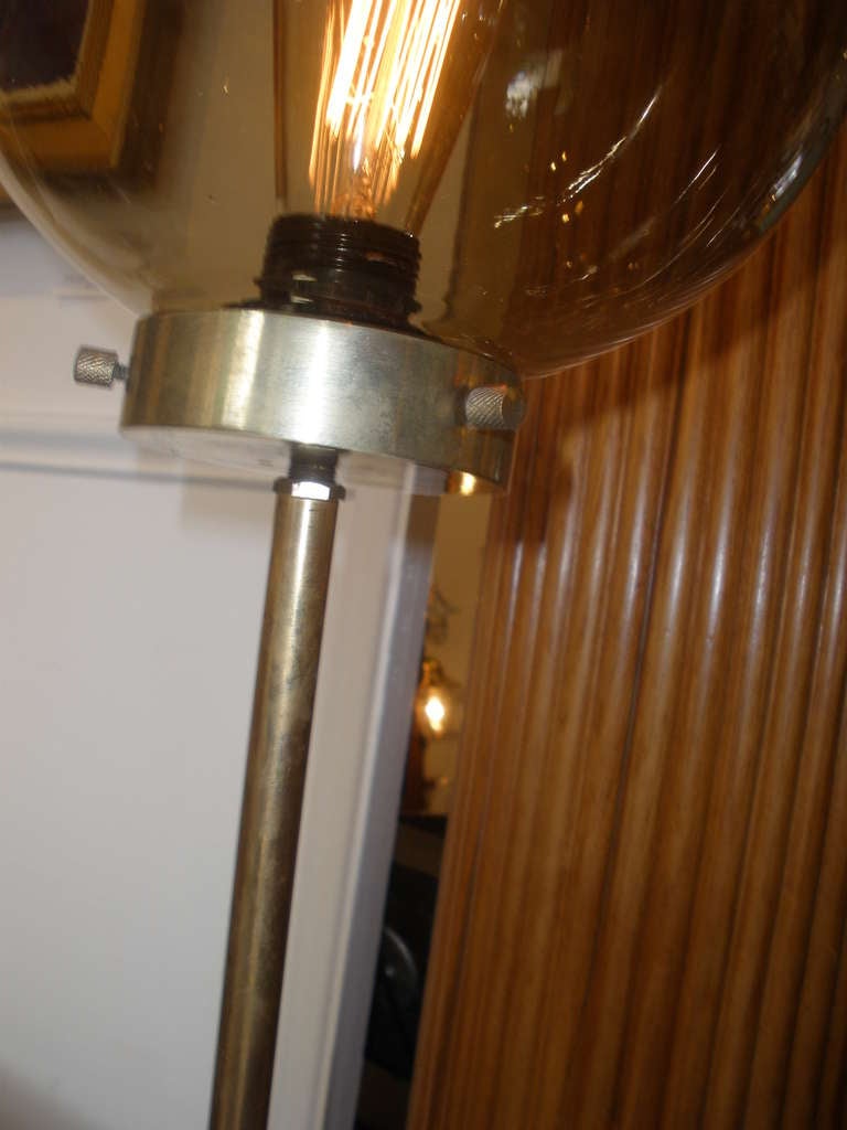 20th Century Deco Period Nautical Floor Lamp with Teak Base and Smoked Glass Shade