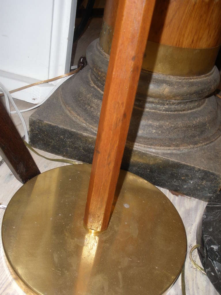 Deco Period Nautical Floor Lamp with Teak Base and Smoked Glass Shade In Excellent Condition In Nantucket, MA
