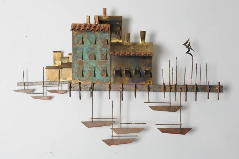 Signed and dated Curtis Jere wall sculpture. Brass and copper with a bit of original paint. Brutalist period, dated 1971. One of the more rare subject matters of their work, the cityscape with marina.