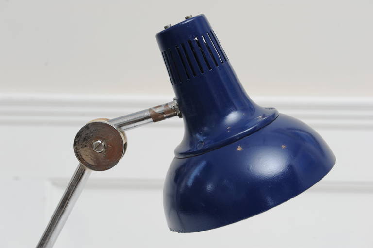 A ship's desk light made of chrome and painted metal (redone), adjustable.
A nice heavy piece and rewired for American use. From Poland, mid-20th century. I have a couple more of these, one a soft green color. Just the light portion measures: 6.5
